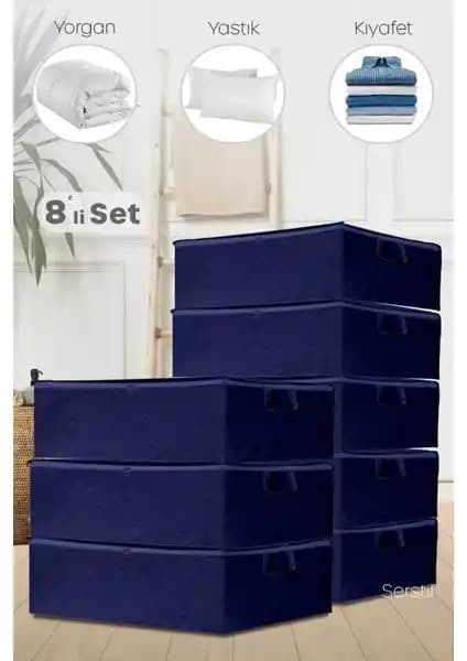 Serstil 8 Adet Lacivert Baza ve Çekyat Tipi Hurç Seti ile Evde Düzeni Sağlayın