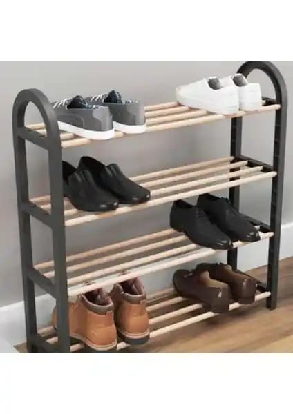Sinbo Siyah Ahşap Çubuklu 4 Katlı Masif Ayakkabılık ile Modern ve Şık Depolama Alanı