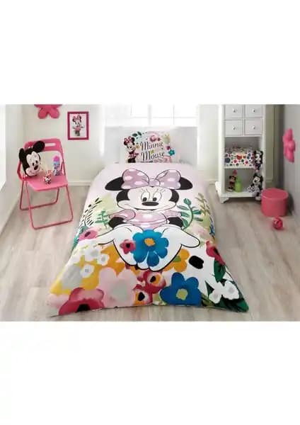 Taç Lisanslı Disney Minnie Glitter Nevresim Takımı Renkli ve Yüksek Kalite Uyku Seti