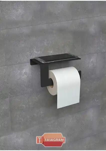 Tasagram Metal Mat Siyah Telefon Raflı Tuvalet Kağıtlık Modern ve Fonksiyonel Tasarım