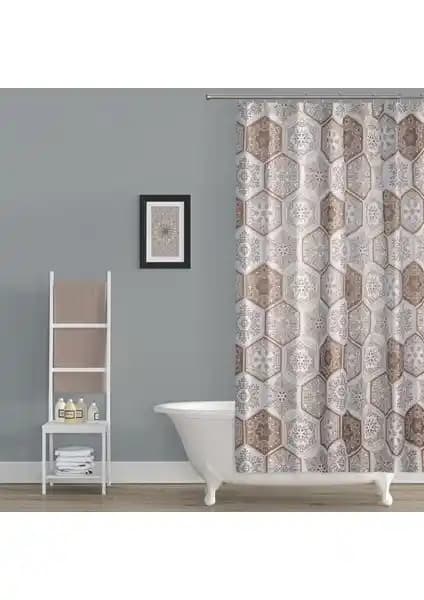 Tropik Home Kahverengi Şal Desenli Duş Perdesi Estetik ve Dayanıklı Tasarım