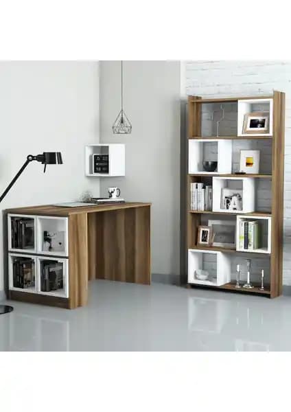 Variant Mobilya Box Çalışma Masası ve Kitaplık Takımı Ceviz ve Beyaz Modern Tasarım