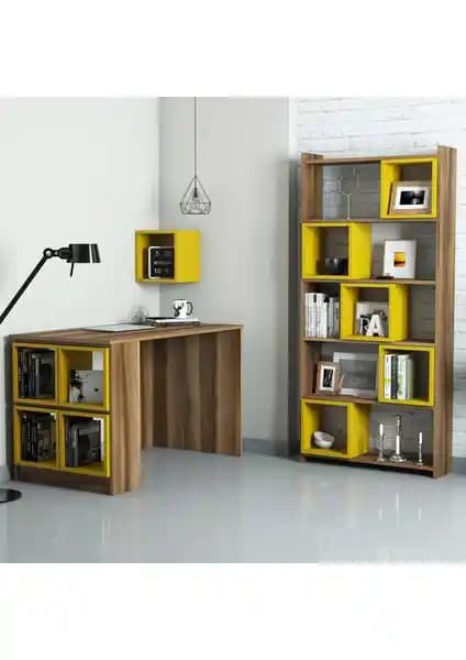 Variant Mobilya Box Çalışma Masası ve Kitaplık Takımı Ceviz ve Sarı Renkli Modern Tasarım