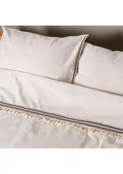 Vivamaison Keten Jüt Ponponlu Çift Kişilik Nevresim ve Yastık Seti Doğal ve Modern Tasarım