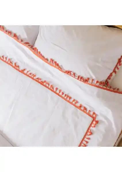 Vivamaison Kırmızı Ponponlu Organik Pamuk Çift Kişilik Nevresim ve Yastık Seti