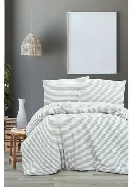 Vivamaison Organik Gri Keten Çizgili Çift Kişilik Nevresim ve Yastık Seti