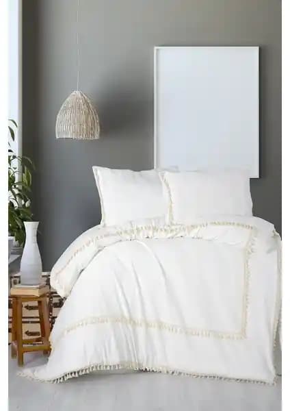 Vivamaison Ponpon Beyaz Pamuk Çift Kişilik Nevresim ve Yastık Seti Şık ve Doğal Tasarım