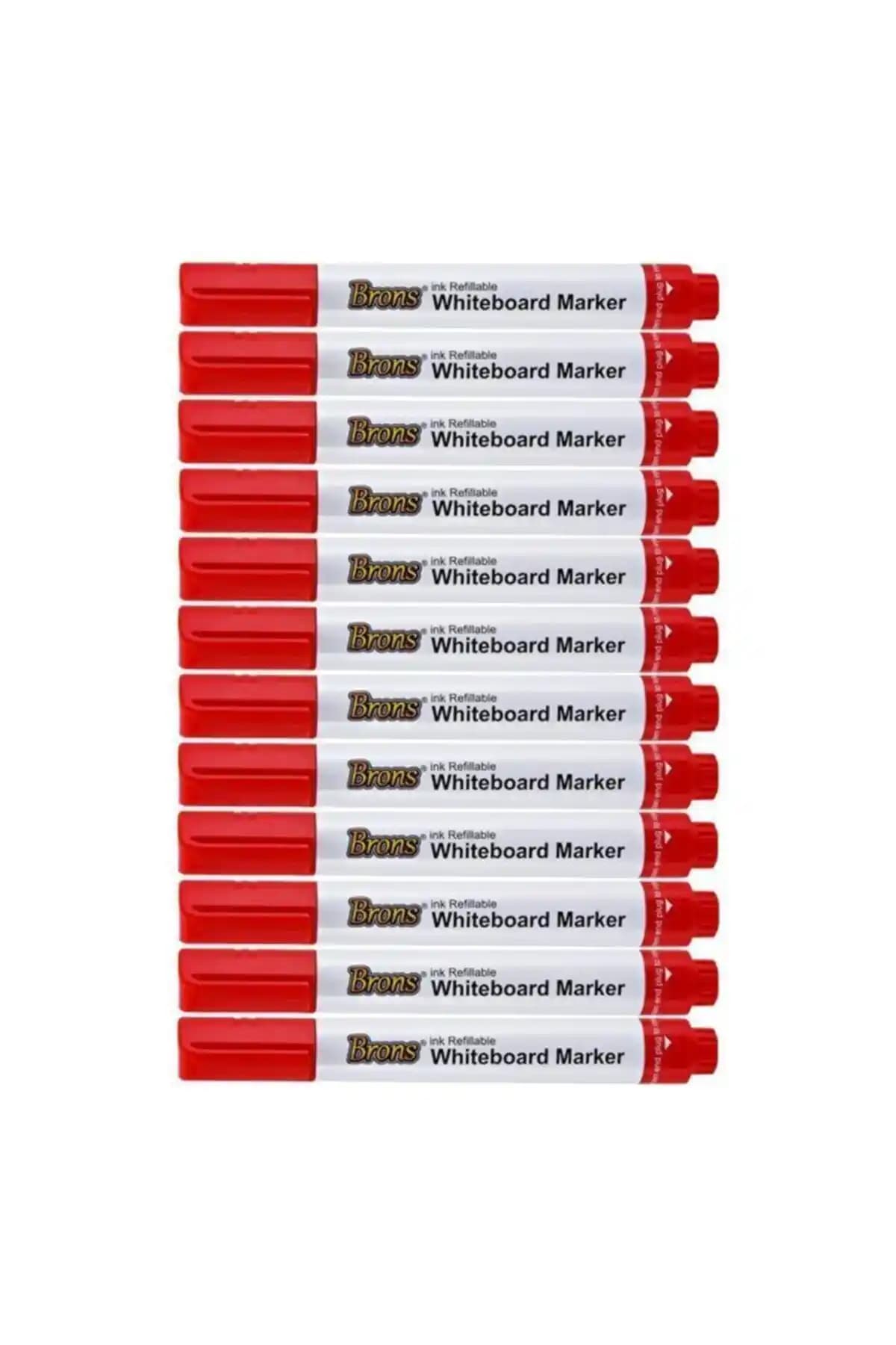 Brons Doldurulabilir Beyaz Tahta Kalemi 12'li Kırmızı Renkli Ofis ve Eğitim Kullanımı