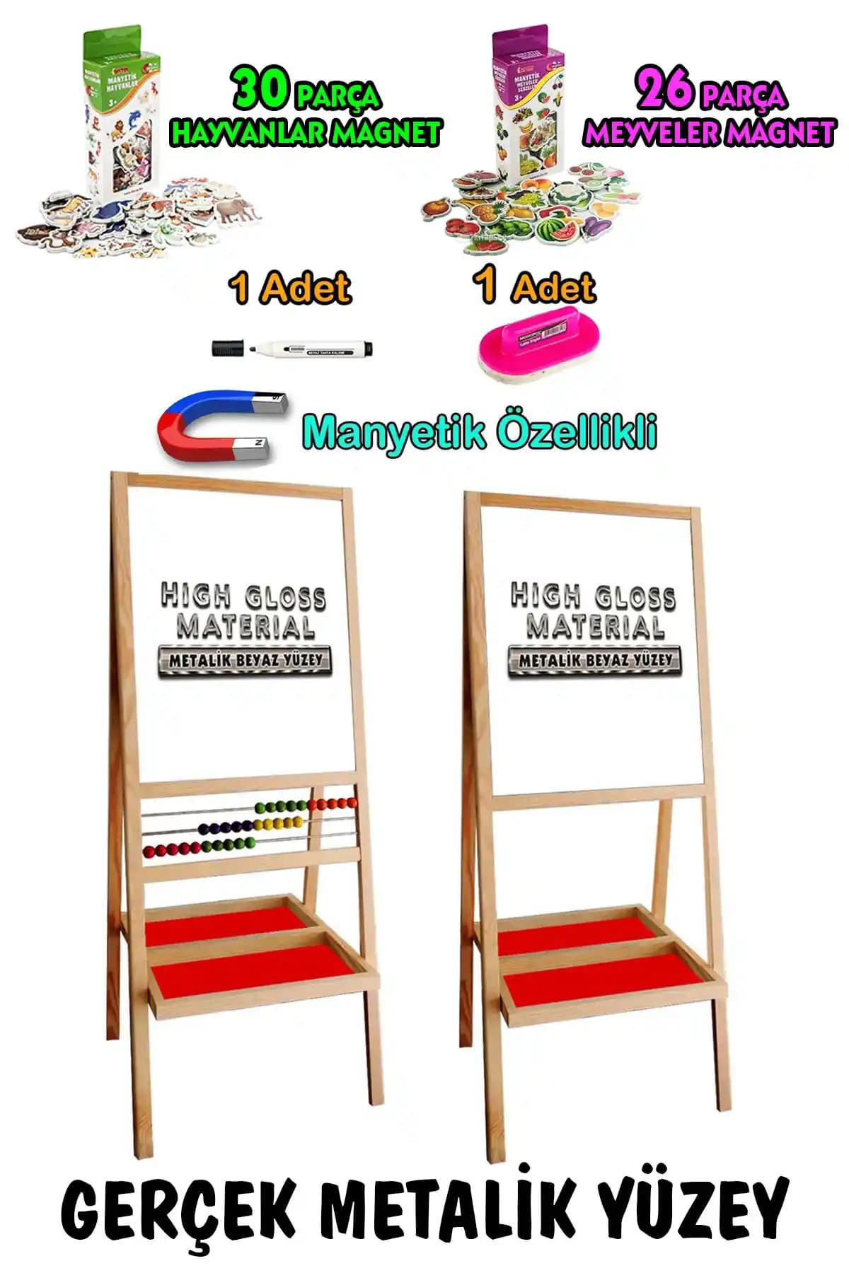 Çift Taraflı Metal Yüzeyli Çocuk Yazı Tahtası ve Eğitici Magnet Setleri