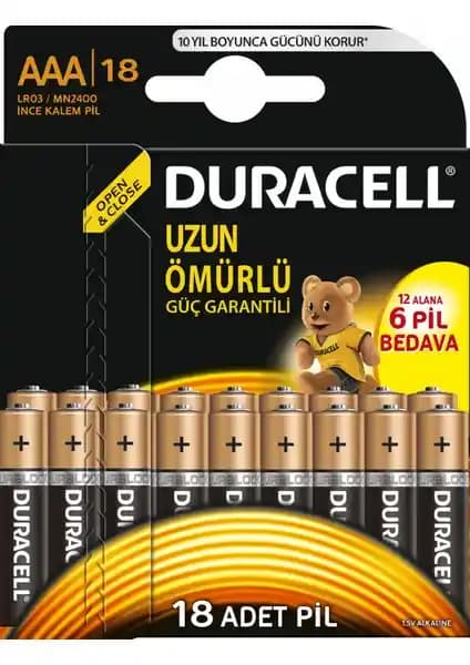 Duracell AAA İnce Kalem Pil 18'li Güç ve Güvenilirlik Sunan Dayanıklı Pil Çözümü