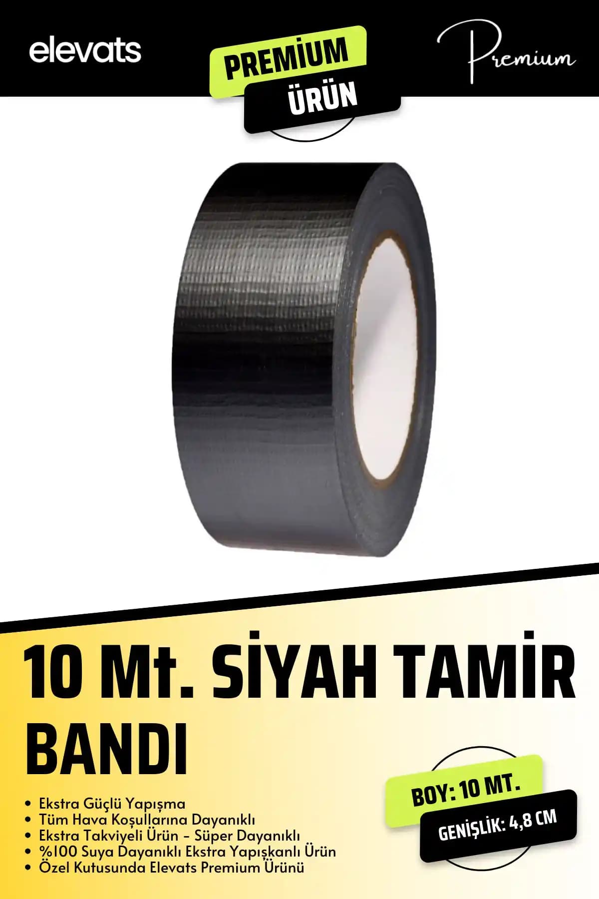 Elevats Premium Siyah Tamir Bandı 10 Metre Uzunluk ve 48 Mm Genişlik ile Güçlü Onarım Çözümü