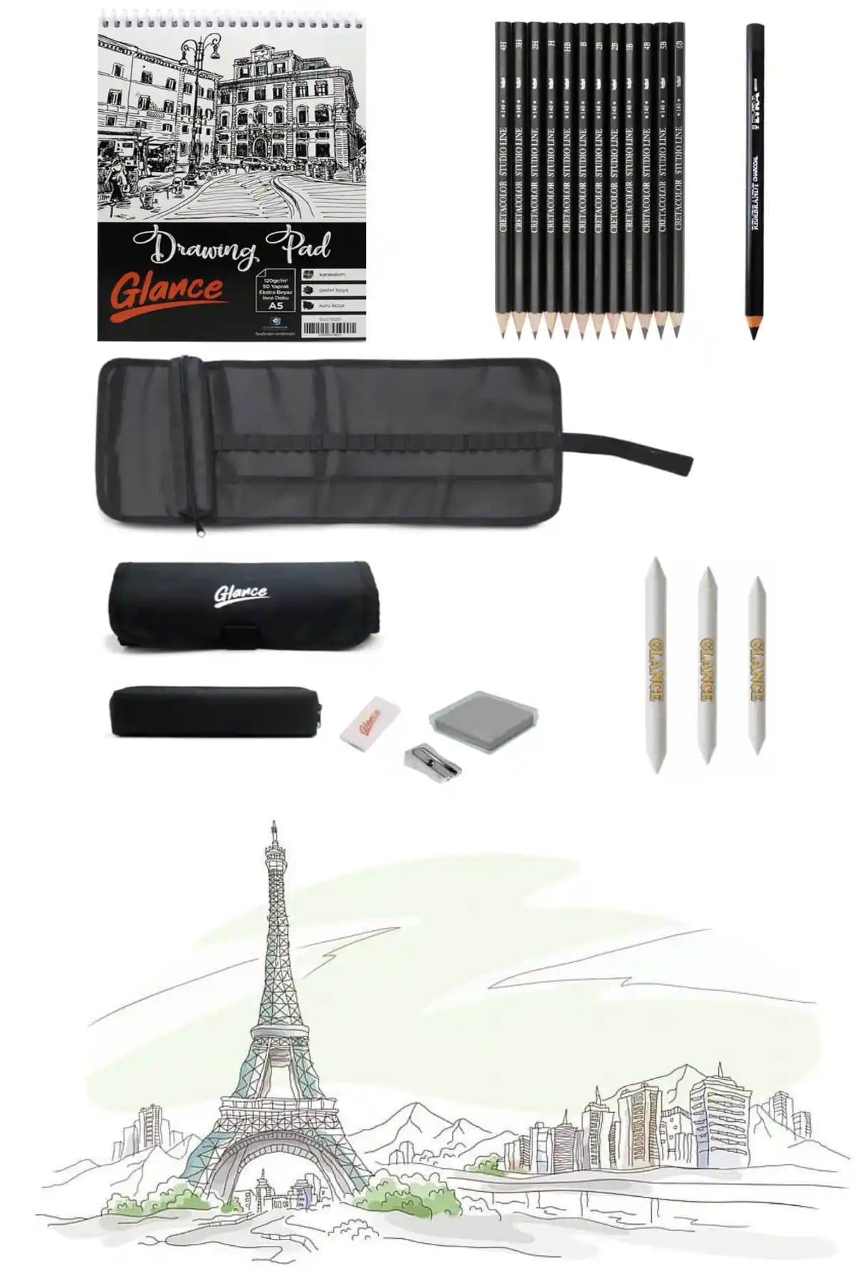 GLANCE Eskiz Defteri ve Çizim Malzemeleri Seti Profesyonel ve Hobi Kullanımı İçin Uygun