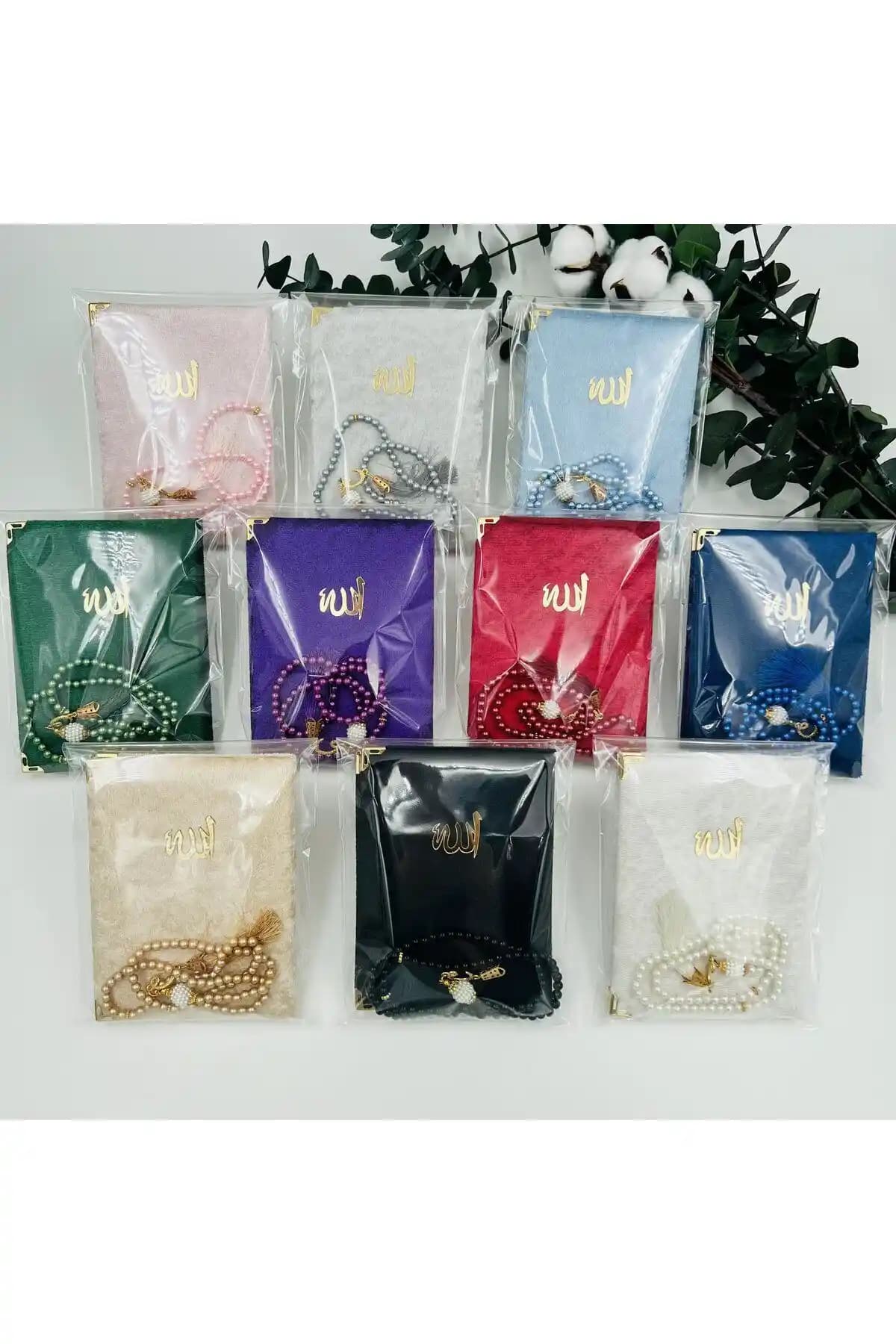 Karışık Renkli Jelatin Koruma ile Kadife Kaplı Yasin Cüzü ve İnci Tesbih Seti