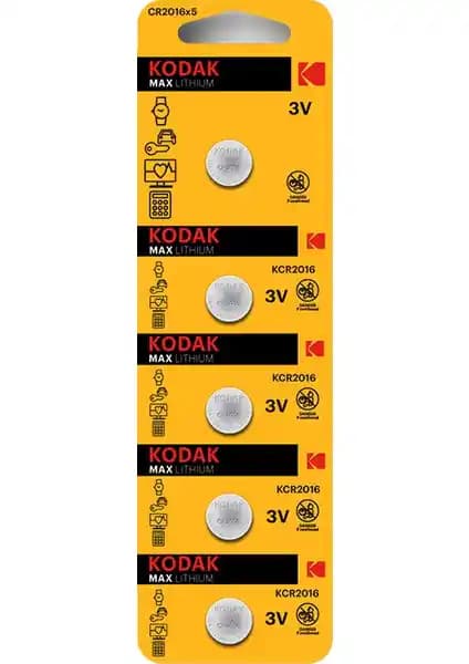 Kodak 5 Adet CR2016 Lityum Düğme Pil: Güç ve Güvenilirlik Sunan Yüksek Performanslı Pil Paketi