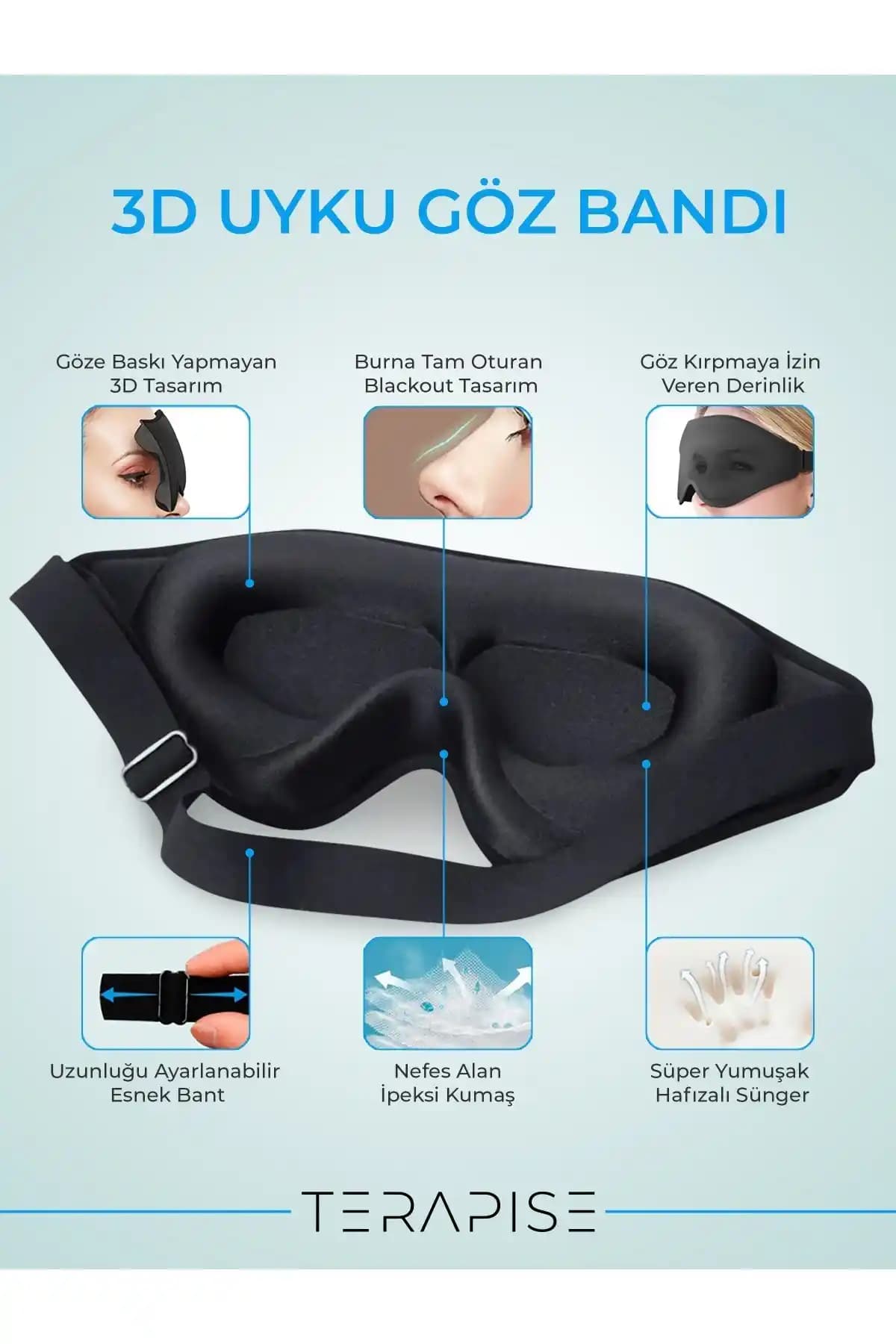 Terapise 3D Pro Uyku Göz Bandı: Işık Sızdırmaz ve Konforlu Uyku Maskesi