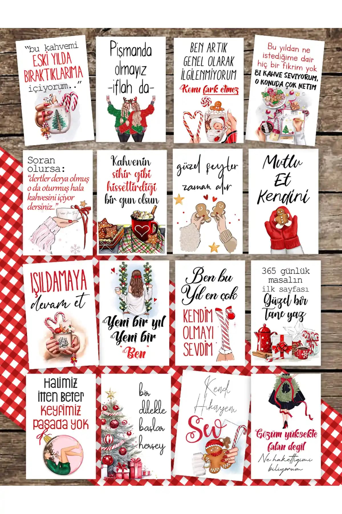 Yılbaşı ve Yeni Yıl Kutlamaları İçin 16 Adet Motto Kart Seti Pankart Evi Ürünü