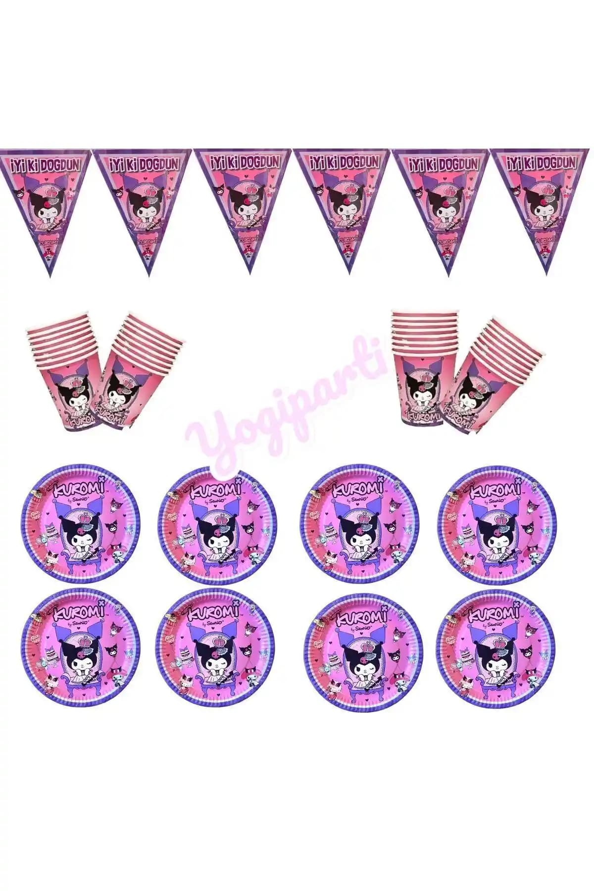 Yogil Parti Kuromi 8'li Tabak ve Bardak Seti Renkli ve Eğlenceli Parti Malzemeleri