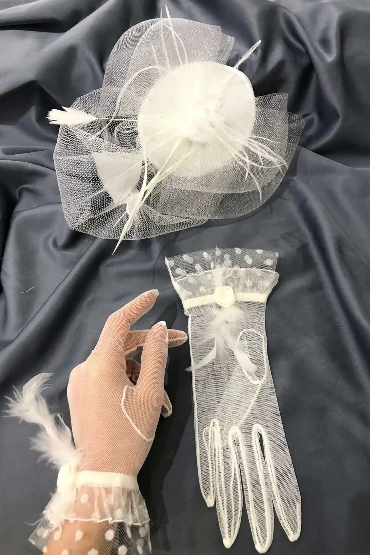 Hayalperest Boncuk Beyaz Tüylü Eldiven Vualet ve Nikah Şapkası Seti Düğün ve Kutlama İçin