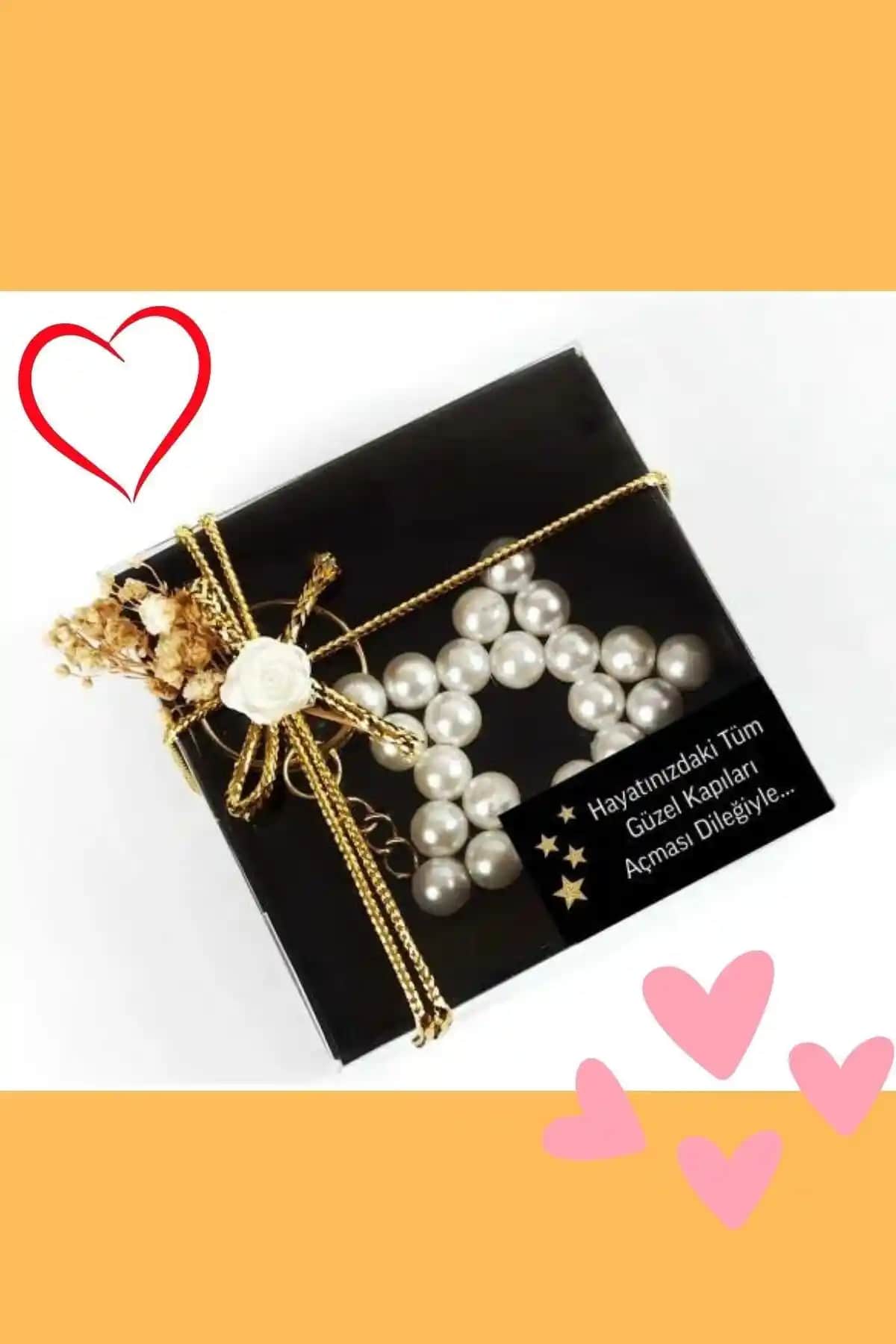 NEVA Konsept Hediye Seti 10 Adet Siyah Kutulu İnci Anahtarlıklar Modern ve Zarif Tasarım