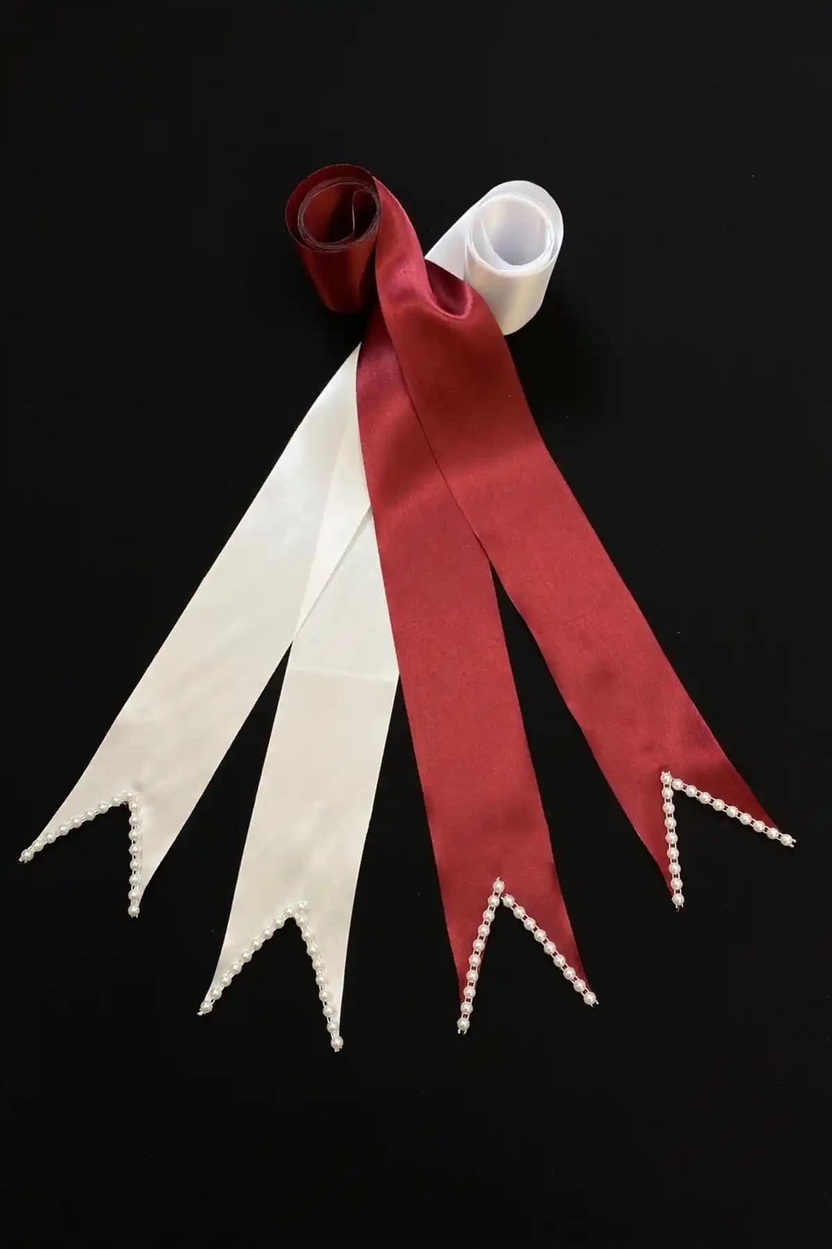 ZEYMERADE Bordo Beyaz Incili Gelin Damat Takı Kurdele Dekorasyon İçin Uygun