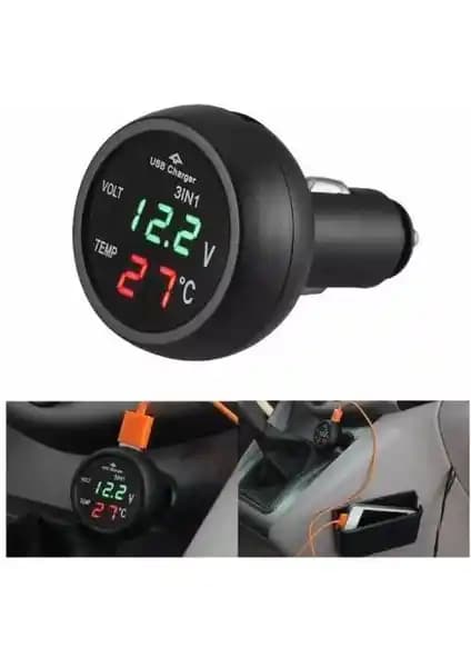 Araç İçin Çok Fonksiyonlu Voltmetre Termometre ve USB Şarj Özellikli Cihaz Türkiye Üretimi