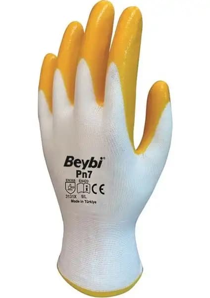 Beybi Pn7 12 Çift Sarı Beyaz Nitril İş Eldivenleri Endüstriyel ve Güvenlik Uygulamaları İçin