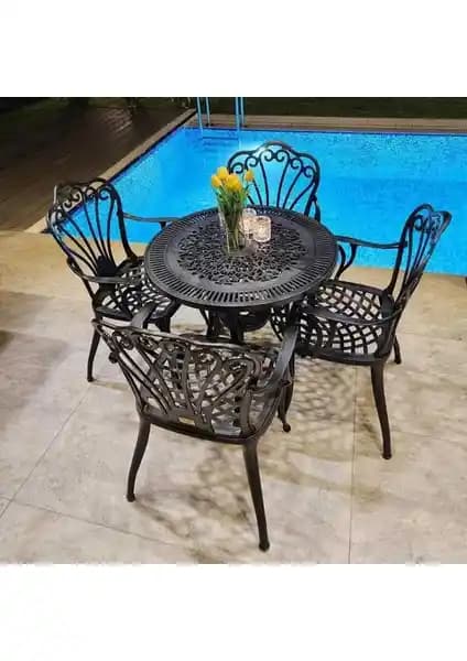 Dış Mekanlar İçin Modern ve Dayanıklı Ferforje Görünümüne Sahip Plastik Masa ve Sandalye Takımı