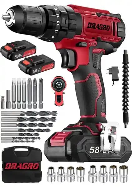 Dragro Alman 58V 5 Ah Darbeli Metal Şanzuman Şarjlı Çift Akülü Vidalama Matkap