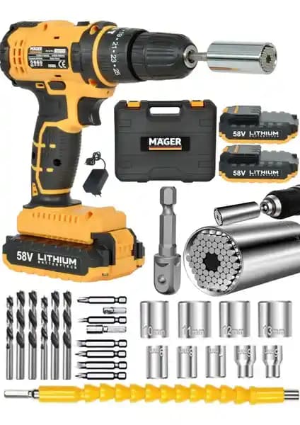 Mager 32V 5Ah Darbeli Çift Akülü Metal Şanzumanlı Matkap ve Gator Soket Seti