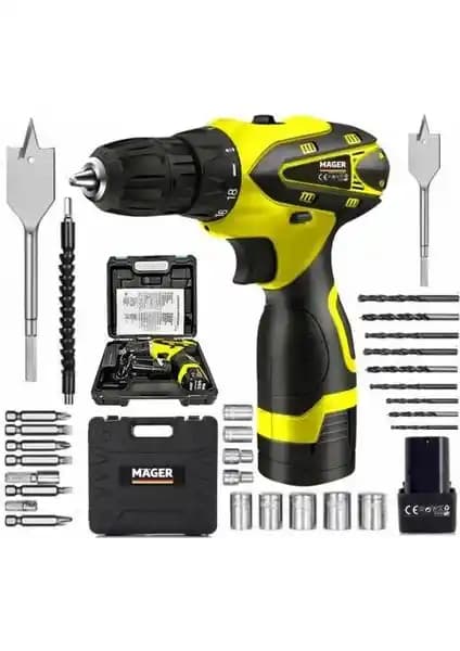 Mager Çift Akülü Li-Ion Bataryalı Kutulu Işıklı Vidalama Şarjlı Matkap ve 24 Parça Seti