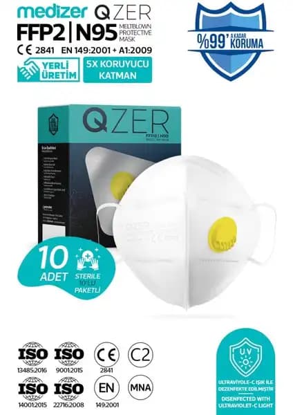 Medizer Qzer Beyaz 5 Katlı Ventilli FFP2 NR N95 Maske Güvenli Solunum Koruması