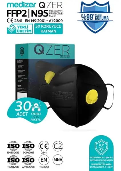 Medizer Qzer Siyah 5 Katlı Ventilli FFP2 N95 Maske Güvenli ve Konforlu Solunum Koruma Çözümü