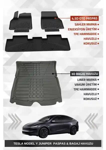 Tesla Model Y Juniper 2025 Uyumlu 4.5D Premium Havuzlu Oto Paspas ve Bagaj Havuzu