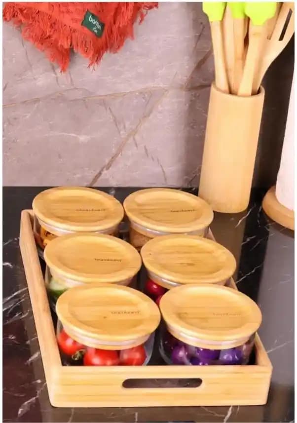 Bambum Duo 300ml 6'lı Bambu Kapaklı Cam Kahvaltılık Seti ile Modern ve Şık Mutfak Dekorasyonu