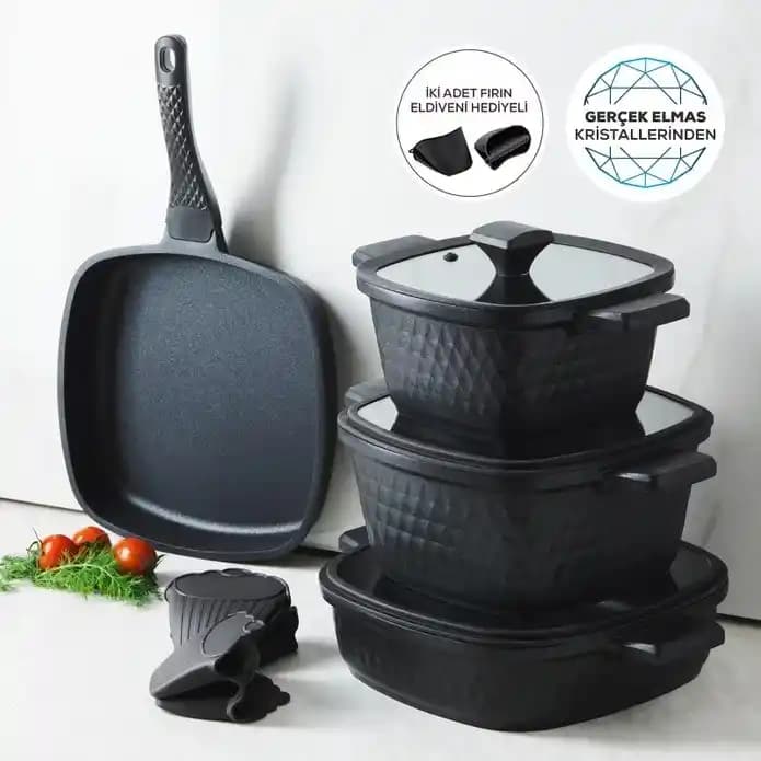 Karaca Bio Diamond Döküm Kare 7 Parça Tencere Seti ile Modern ve Dayanıklı Mutfak Dekorasyonu