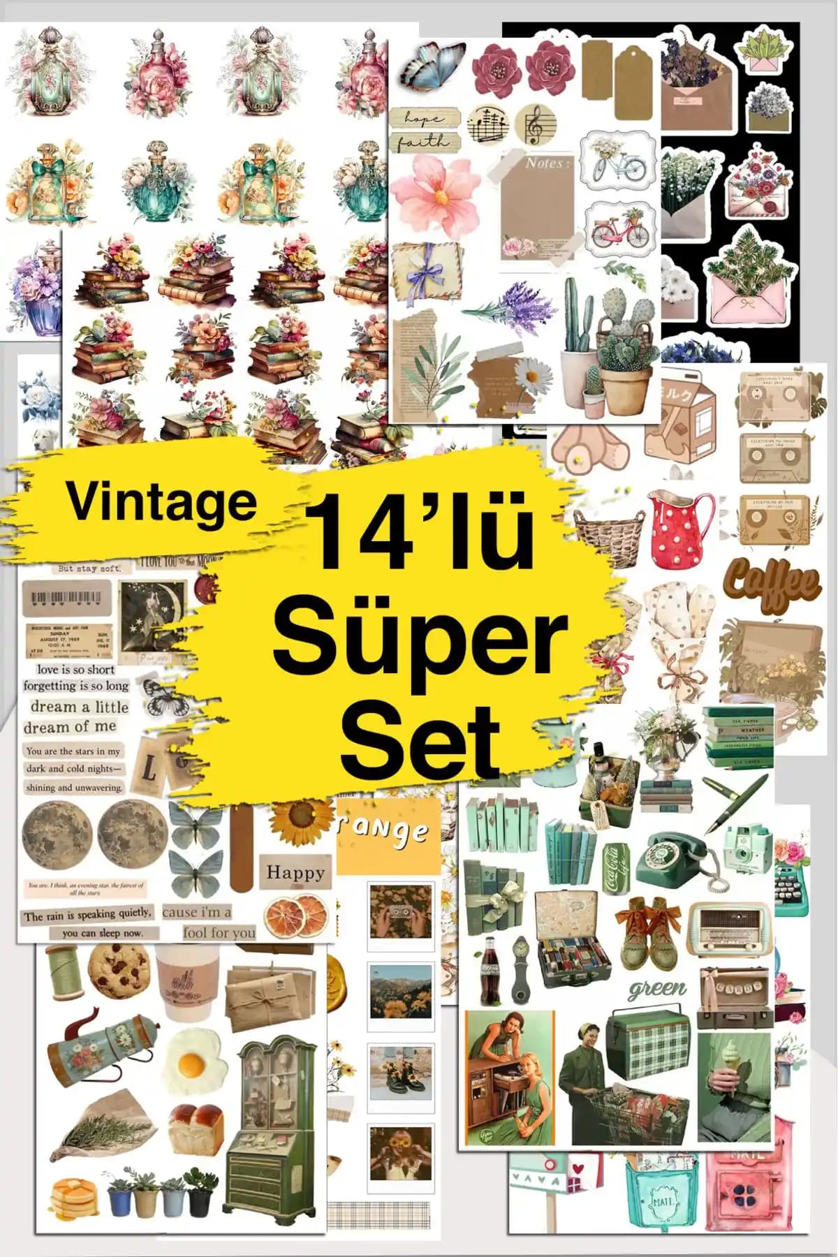 LiyaCraft 14'lü Vintage Sticker Seti: Dayanıklı ve Estetik Dekoratif Çıkartmalar