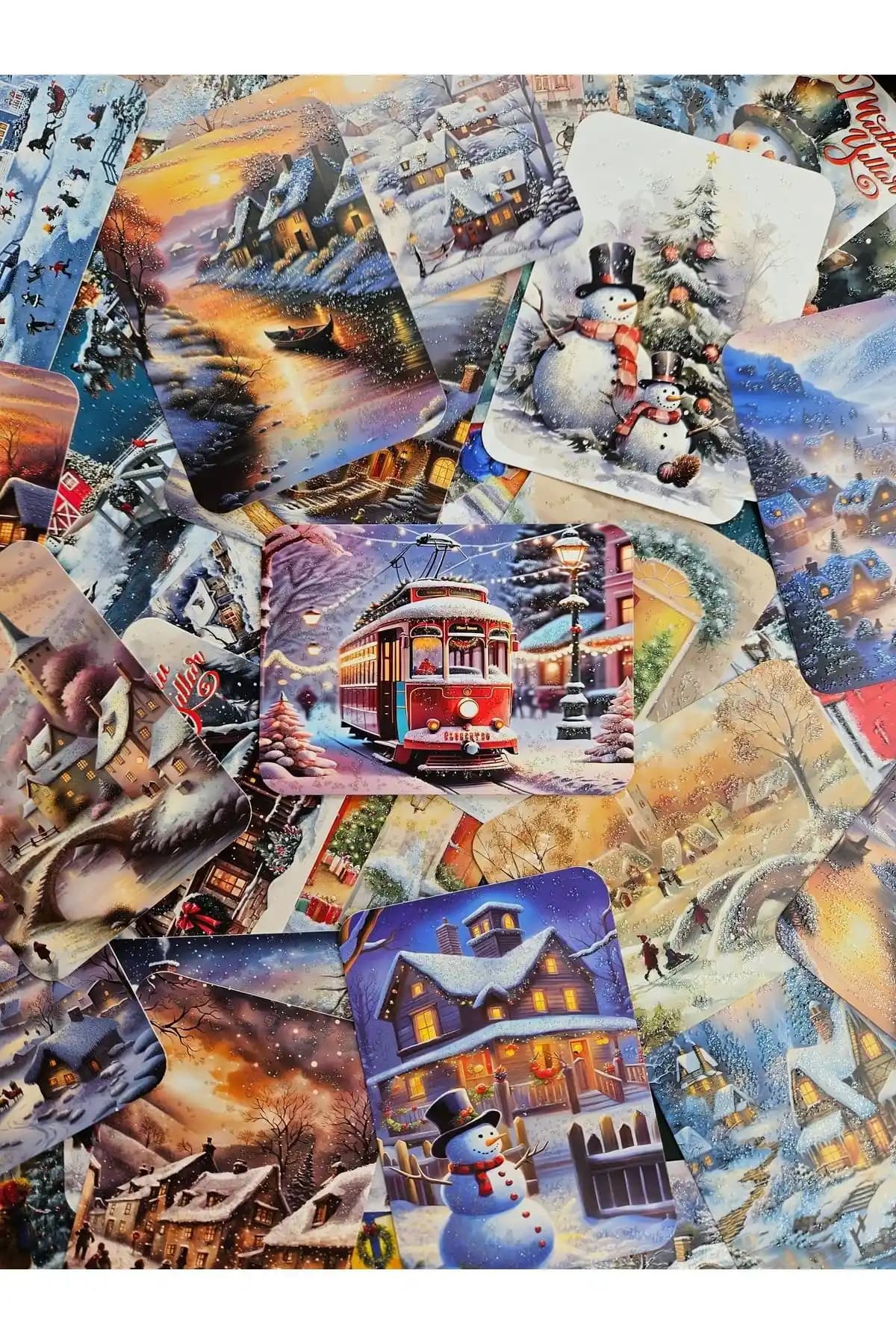 Yüksek Kaliteli Renkli ve Simli Yılbaşı Kartpostal Seti 100 Adet