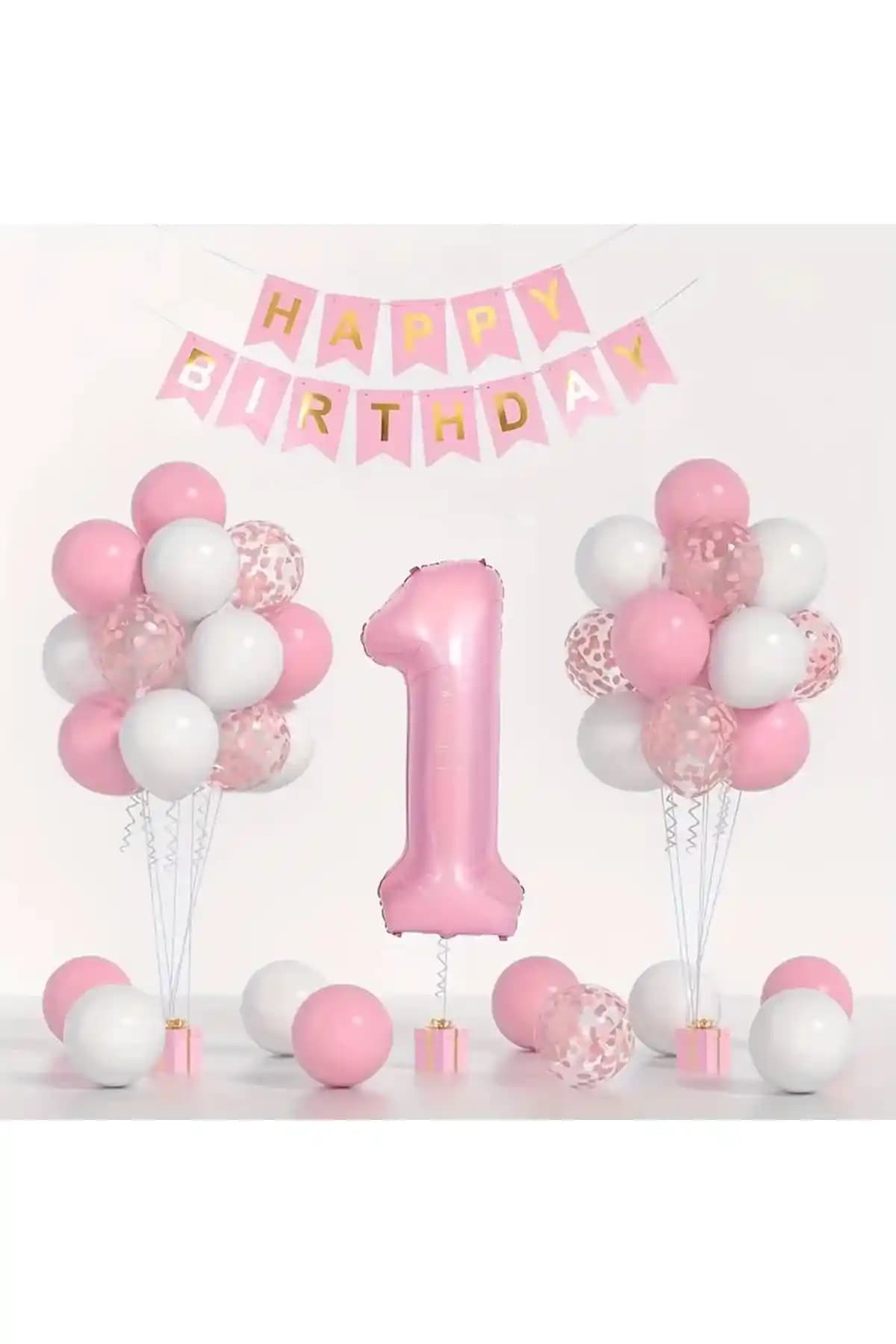 1 Yaş Doğum Günü İçin Pembe ve Mavi Tonlarda Şık Parti Dekor Seti - Hediye Sepeti
