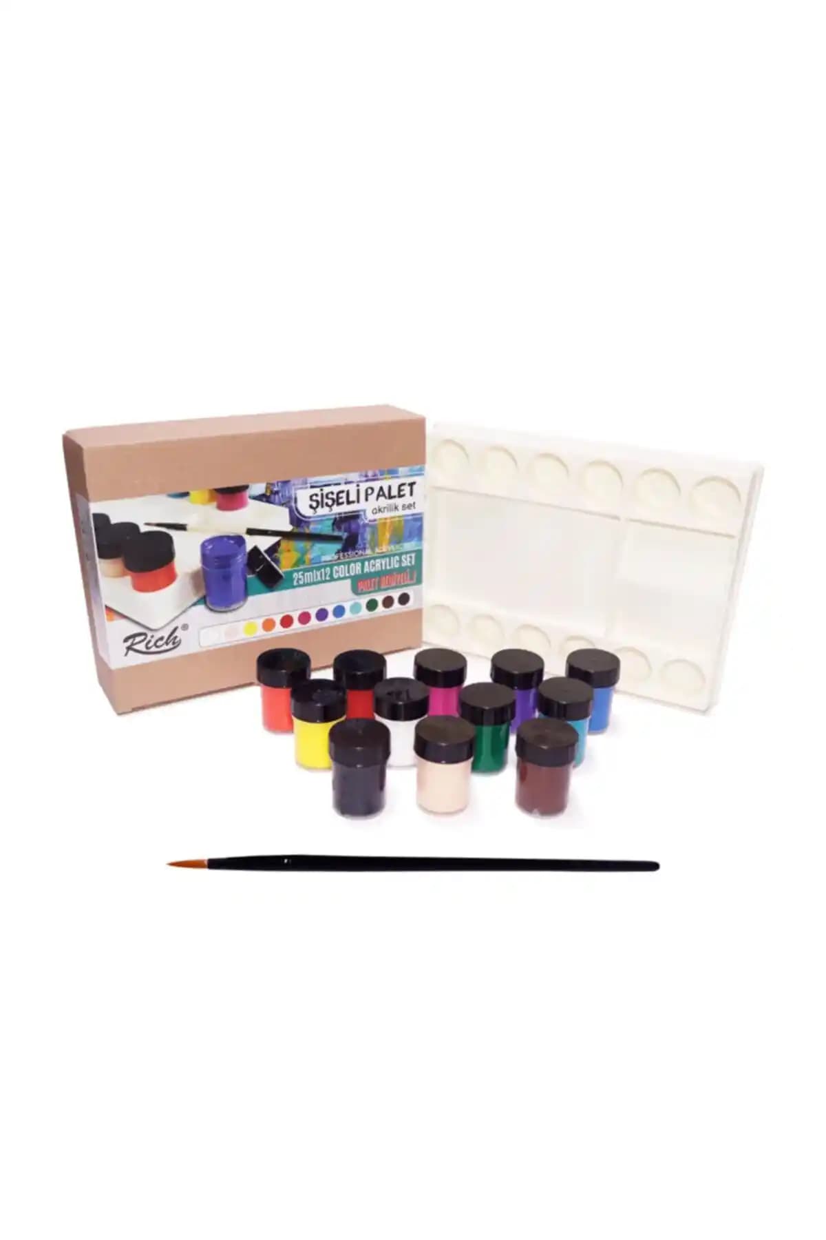 GLANCE Rich Şişeli Palet 25 Ml X 12'li Akrilik Set Fırça ile Yüksek Kaliteli Sanat Malzemeleri