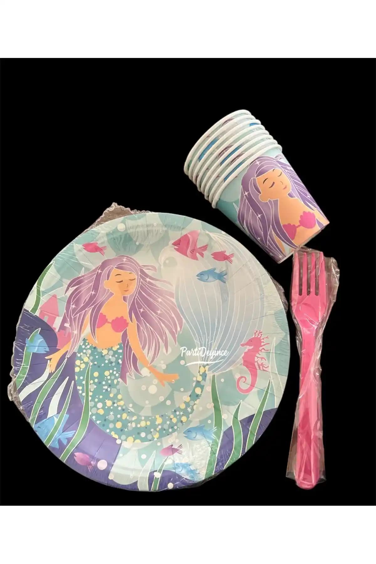 Partideyince Deniz Kızı Temalı Tabak Bardak Çatal Seti Renkli ve Dayanıklı Parti Malzemeleri