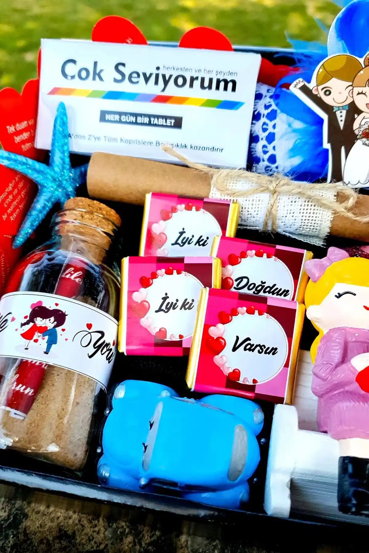 Sevgiliye Özel Lüks Mavi Kalp Kutuda Doğum Günü Hediye Seti