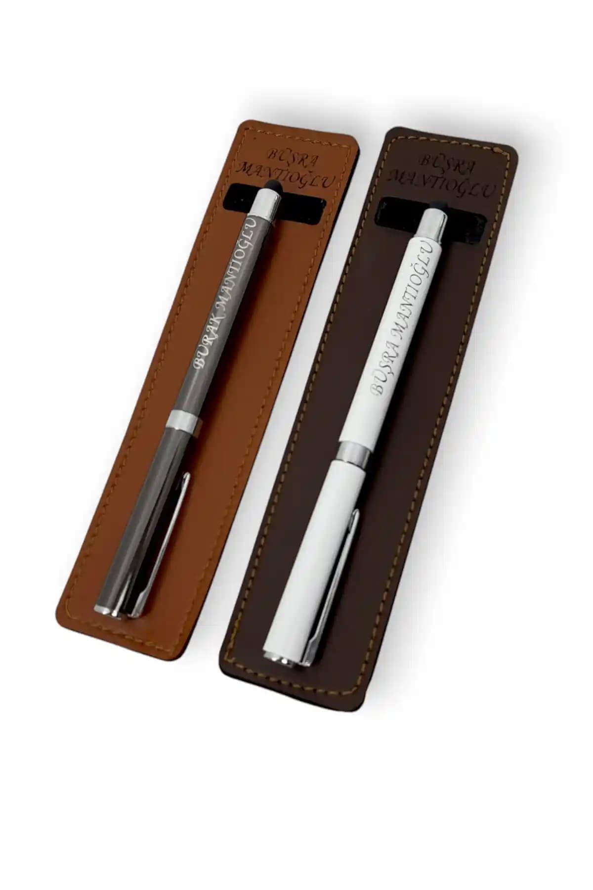 SürLaz 2'li İsme Özel El Yapımı Deri Kılıflı Touch Pen Kalem Seti Öğretmenler Günü Hediyesi