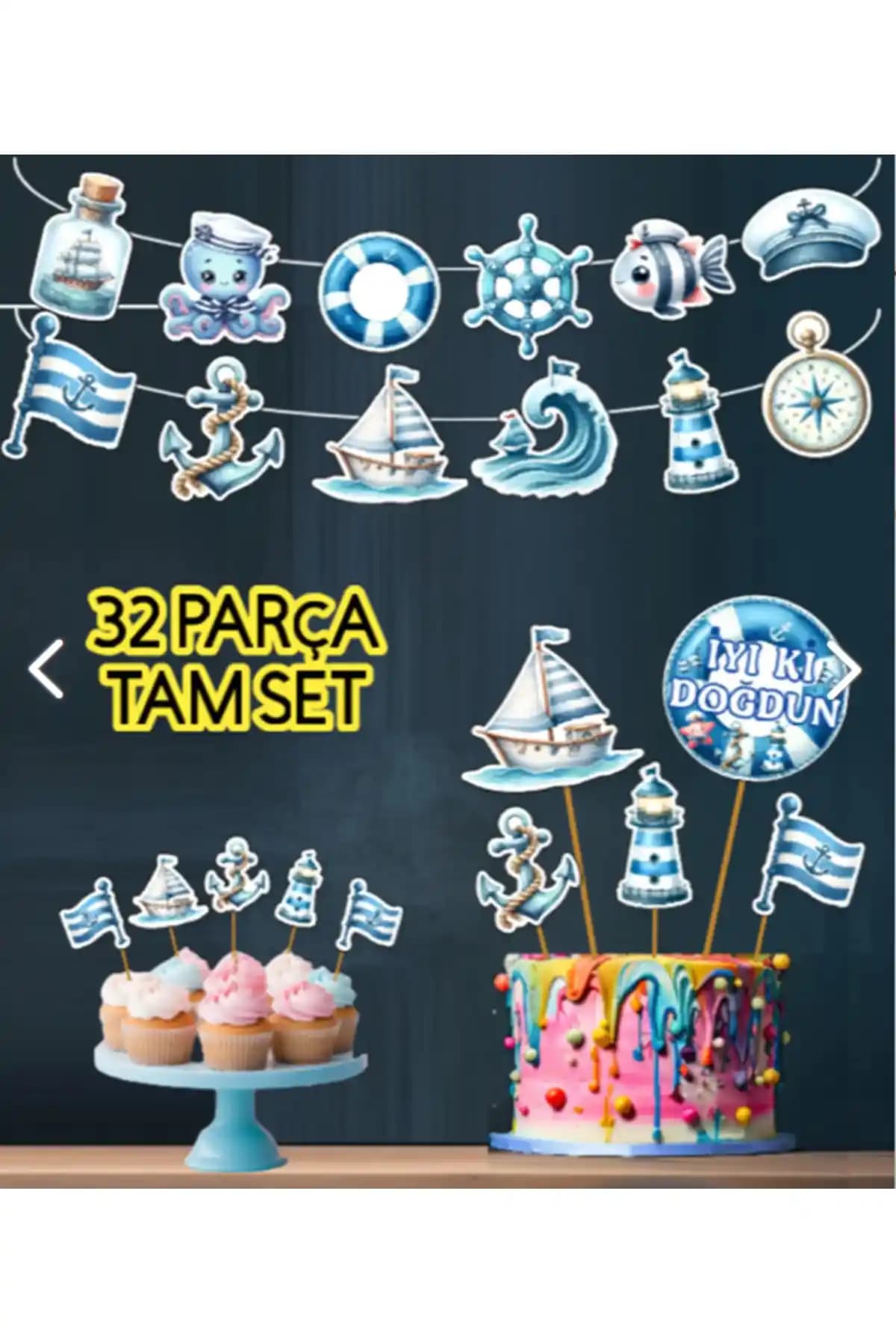 Hiras Dizayn Kaptan 32 Parça Denizci Temalı Doğum Günü Seti Renkli ve Dayanıklı Dekorasyon
