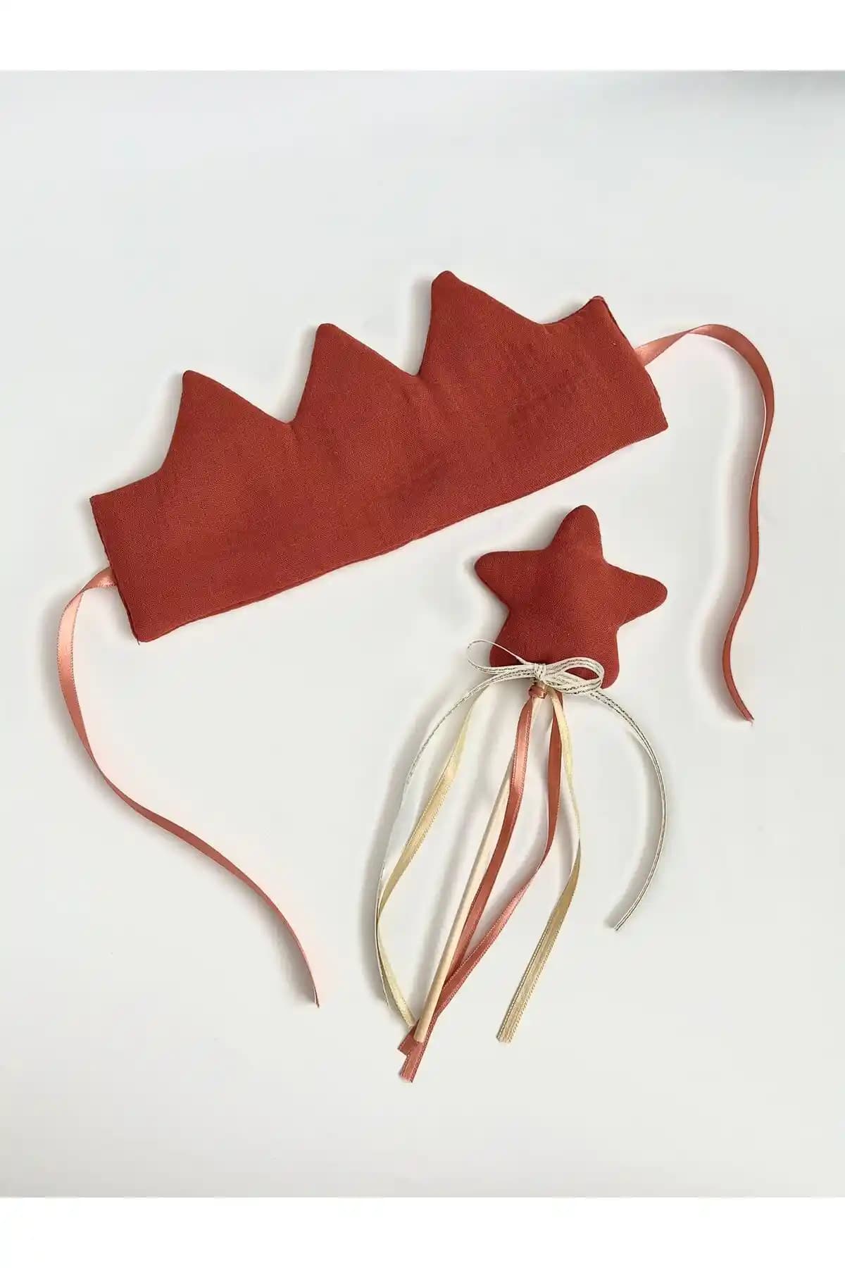 Kiremit Renkli Müslin Doğum Günü Parti Tacı ve Yıldız Değnek Seti Çocuklar İçin Şık Dekorasyon