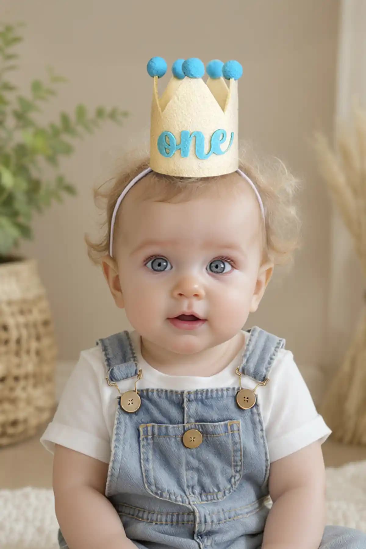 Niksy Design Mavi Ponponlu Mini Doğum Günü Tacı Erkek Bebekler İçin Şık ve Eğlenceli Aksesuar
