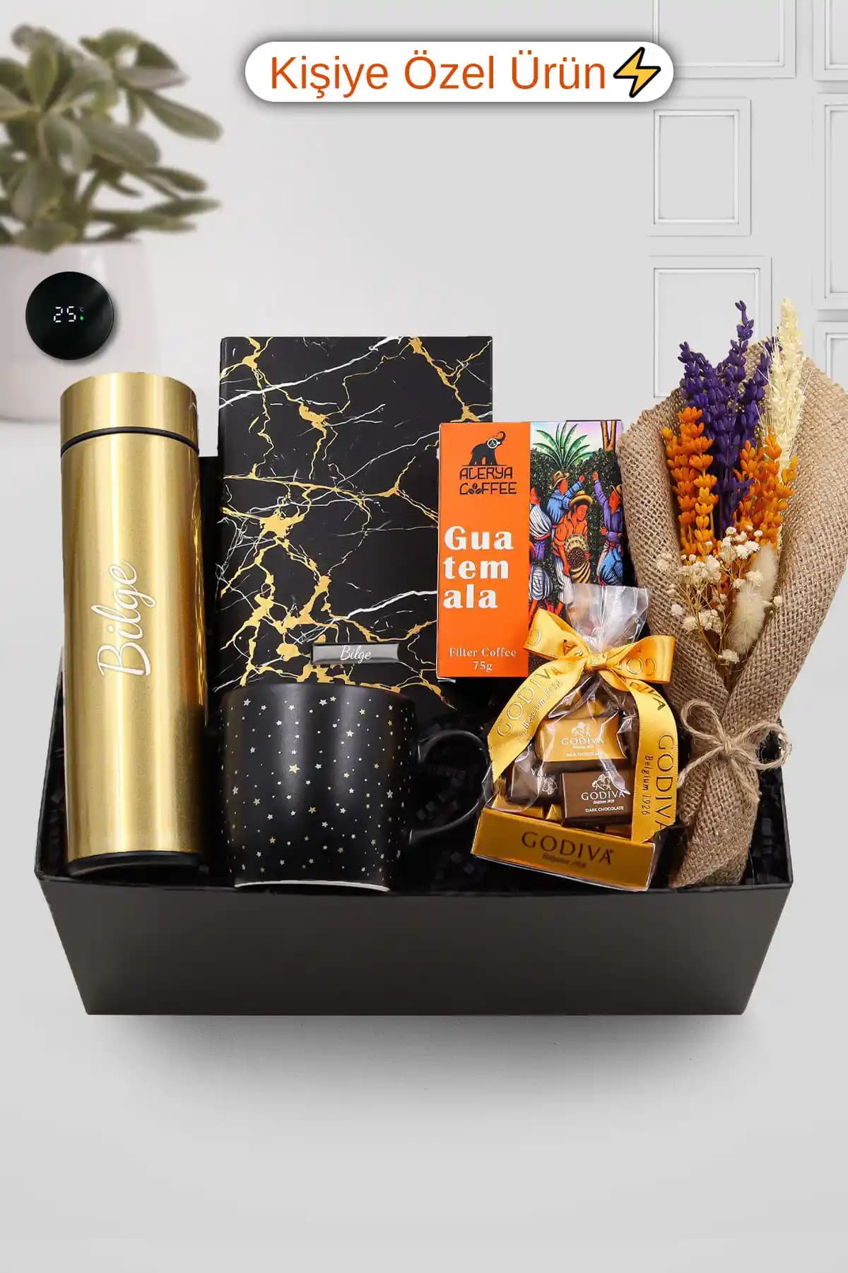 Trendmiya Gold Dereceli Termos ve Mermer Desenli Defter ile Çikolata Hediye Seti