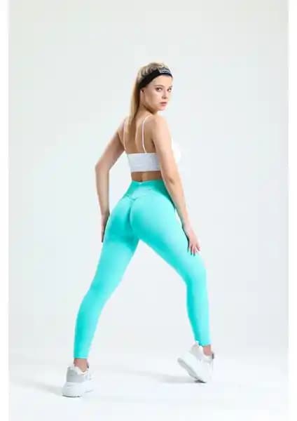 Gymhams Mint Yeşil Kalçası Büzgülü ve Push Up Seamless Yüksek Bel Kalça Şekillendirici Tayt