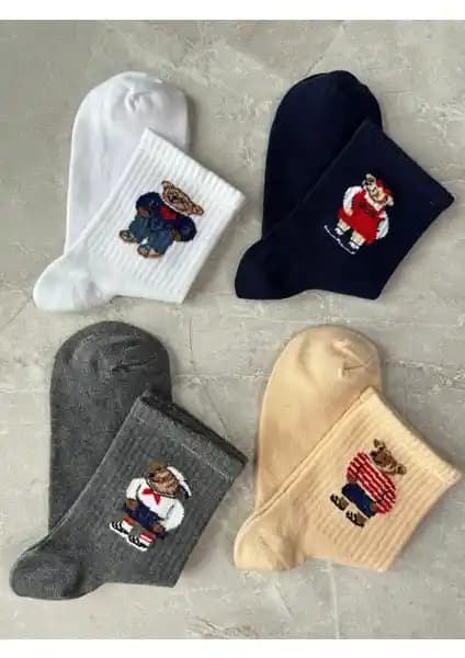 Çorap Kurdu Teddy Bear Desenli 4'lü Unisex Tenis Çorap Seti Yüksek Konfor ve Şıklık