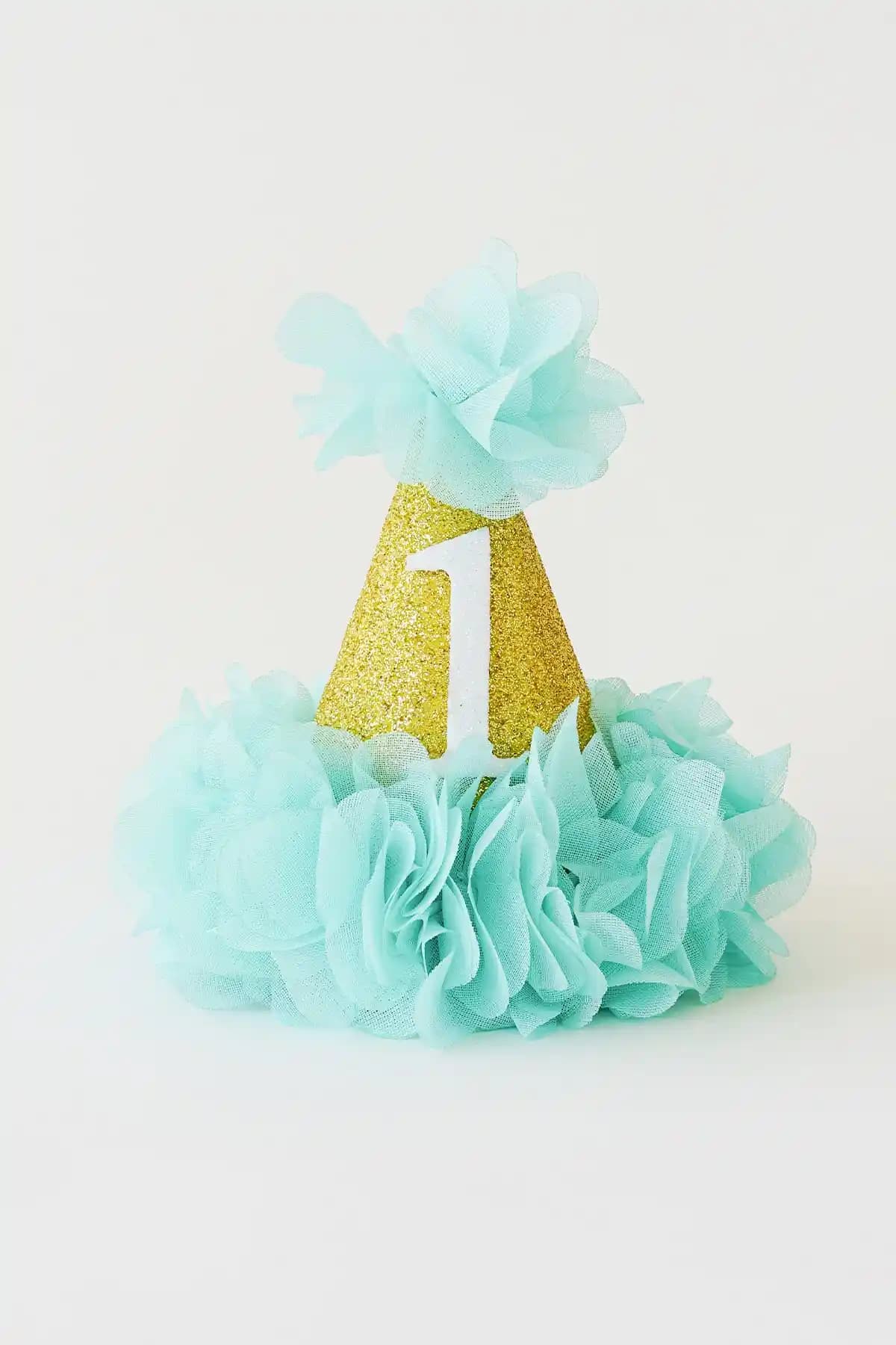 Banamio Marka 1 Yaş Doğum Günü Parti Şapkası Mint Renk ve Tül Çiçek Detaylarıyla