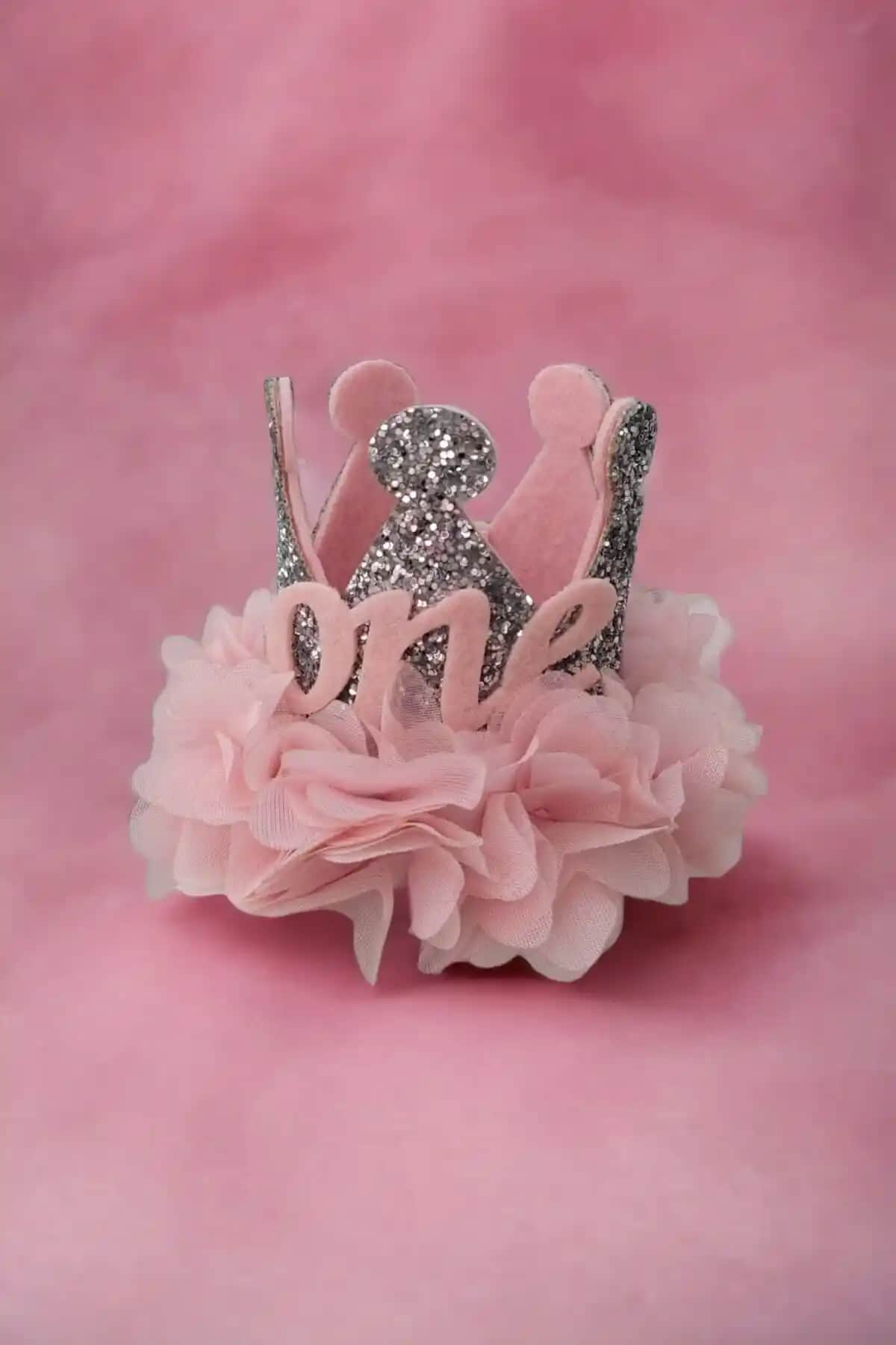 Damlakids 1 Yaş Doğumgünü Tacı Gümüş Somon Renkli Zarif Çocuk Aksesuarı